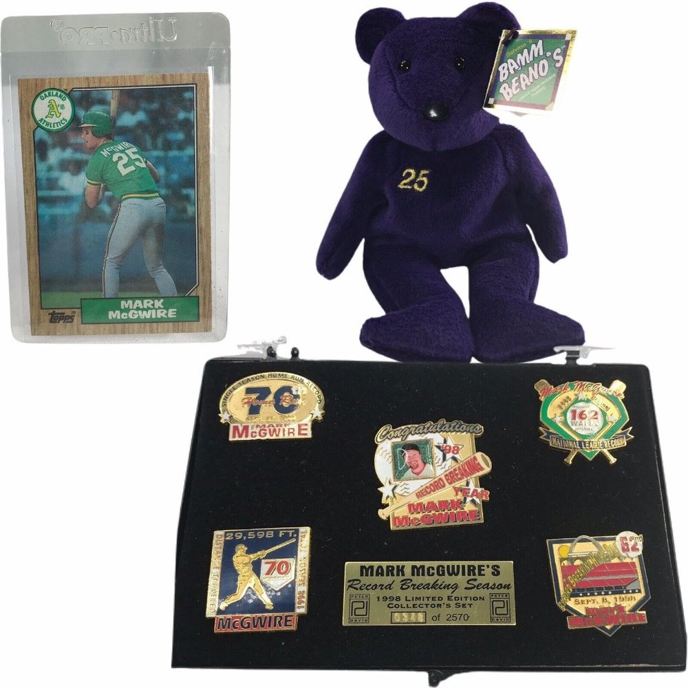 Mark McGwire 1987 Trading Card, 1998 Bamm Beano Plush, 1998 Lt. Ed. Pins Collect